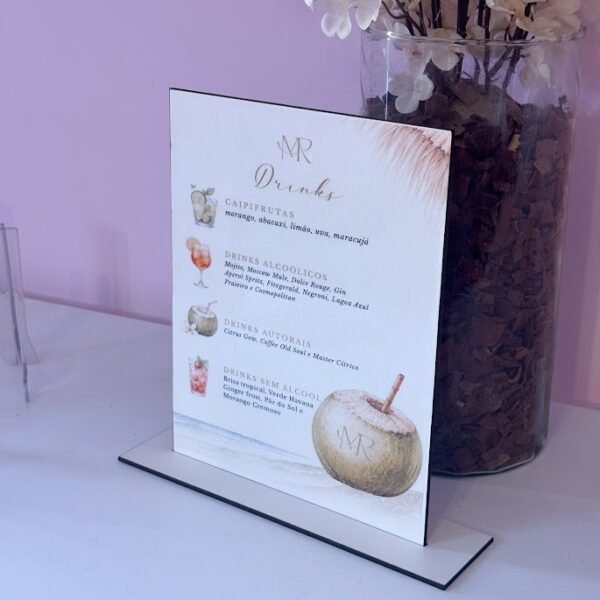 PLACA MENU-BAR DE MADEIRA COM SUPORTE
