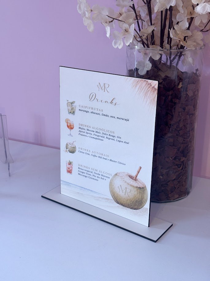 PLACA MENU-BAR DE MADEIRA COM SUPORTE
